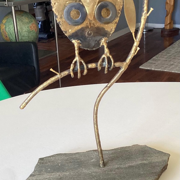 MCM Brutalist Owl Sculpture Metal on Slate
