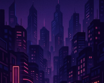 Póster de paisaje urbano nocturno: arte mural imprimible con horizonte urbano para el hogar o la oficina