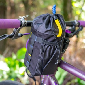 Bikepacking Handlebar Bag - Easy One-Hand Feed Bag for Cycling. Bike Handlebar Bag Accessory in Black & Yellow Blue. Ukraine color