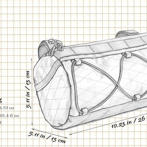 May include: Pencil sketch of an X-Barrel Bag, a cylindrical bag with a diamond pattern and a capacity of 3000 ml. The bag is 10.23 inches long and 5.11 inches in diameter. The bag's weight is 6.53 oz. The material is X-Pac VX21.