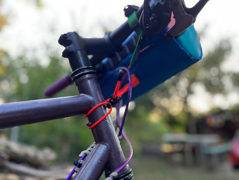 May include: Close-up of a bicycle frame with a purple finish. The handlebars are black with a teal and blue bag attached. Red and purple cords are secured to the frame. The background is blurred with green foliage.