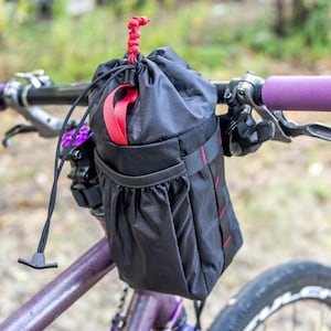 Lightweight Handlebar Feed Bag for Bikepacking. Cycling Handlebar Bag for Gravel & Touring Bikes. Convenient Black Red Color. X-Pac material