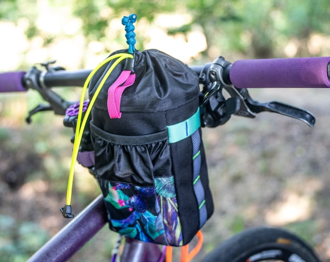 Colorful Custom Handlebar Bag - One-Hand Access Bikepacking Feed Bag - Gravel Bike Pocket Pack - Unique Patchwork Design. US