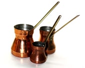Satz von drei Kupfer Türkisch Kaffeekannen - Abschluss mit Kupfer Töpfe mit Messing-griffen - 50 % Off Sale