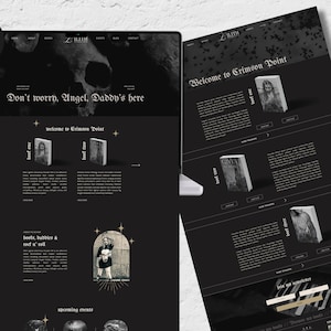 Könnte beinhalten: Webdesign mit dunkler, gotischer Ästhetik. Der Hauptbildschirm zeigt den Text "Don't worry, Angel, Daddy's here." und "Welcome to Crimson Point." Das Design zeigt Buchcover und eine Schädelgrafik.