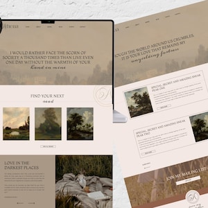 May include: A website design with a neutral color palette, featuring text and images. The website's logo is in the upper left corner. The text includes phrases like "Find your next read" and "Love in the darkest places."
