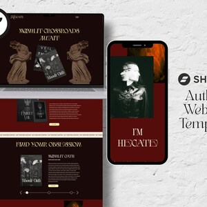 May include: A laptop and smartphone display a website template with a dark red and gold color scheme. The laptop screen shows the text "MOONLIT CROSSROADS AWAIT" and book covers. The phone displays "I'M HECATE". The Showit Author Website Template logo is visible.