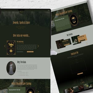 May include: A laptop screen showing a website with a dark green and gold design. The site's header reads "Swords, Spells & Spice" and includes the phrase "Dive into my worlds...". The website showcases reviews, events, and contact details, with images and text blocks.