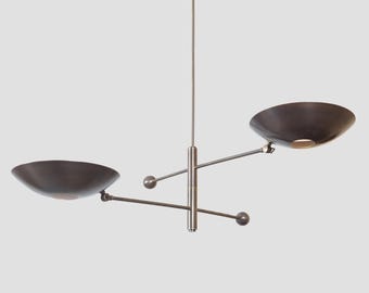 Two disk curved Industrial  Light, Handmade modern chandelier antique patina ceiling light