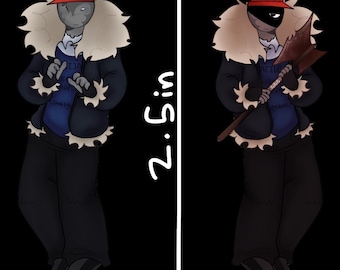 May include: Two illustrated figures wearing red Roblox caps, dark blue shirts, black pants, and jackets with beige fur collars. One figure holds a brown axe. A vertical line between them indicates a height of 2.5 inches. The background is black.