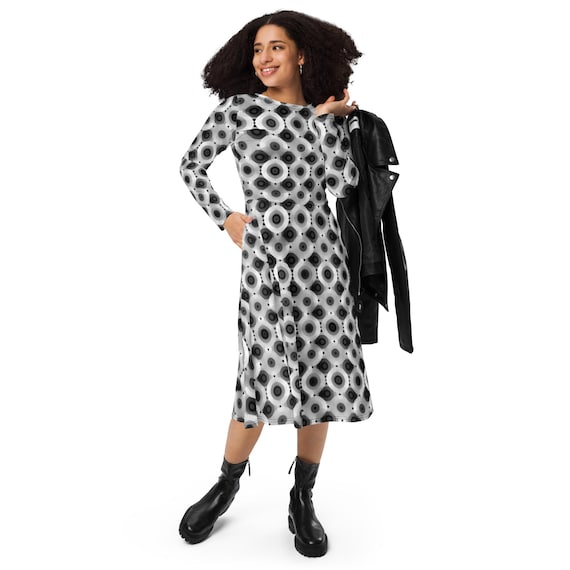 casual geometric dress Circle Print Dress: Minimalist Long Sleeve Midi Dress, Chic Style 071726MD-55% Mid Summer Embroidered Dress Tamanho:S Sophisticated Boatneck Collar (straight Lily ella