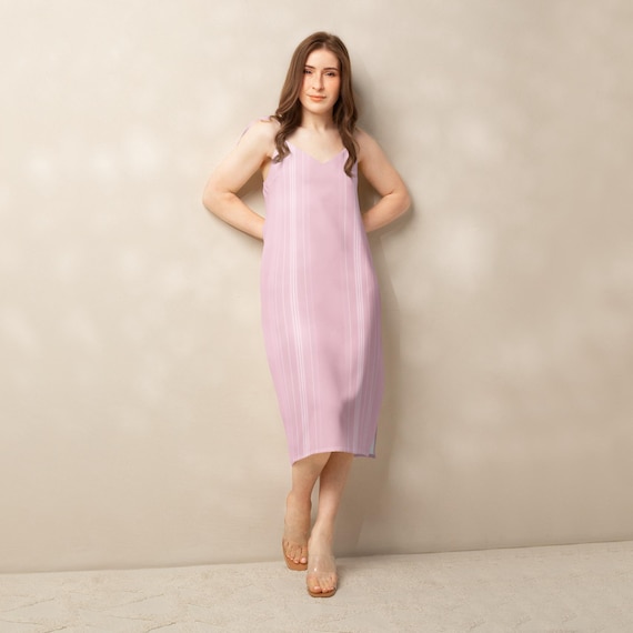 Elegant Tie-Strap Midi Dress - Pink with Soft White Vertical Line Pattern | Feminine Summer Outfit