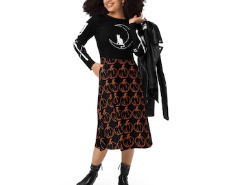 Witchy Black Midi Dress for Halloween Night - Cat & Pumpkins Print - Long Sleeve Party Dress