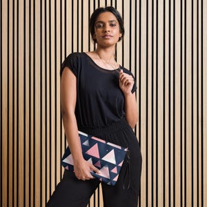 Pink Geometric Crossbody Bag: Abstract Triangle Faux Leather Handbag