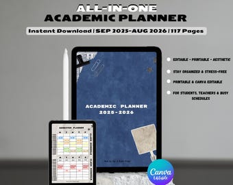 2025–2026 Academic Planner | Student Printable PDF & Editable Canva Template