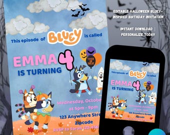 Editable Bluey Birthday Invitation | Halloween Bluey Party Invite | Spooky Puppy Printable | Kids Digital Download