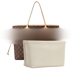 May include: A brown tote bag with a monogram pattern and light brown leather handles. The bag has a cream-colored interior organizer. The bag is designed to be carried by hand or over the shoulder.