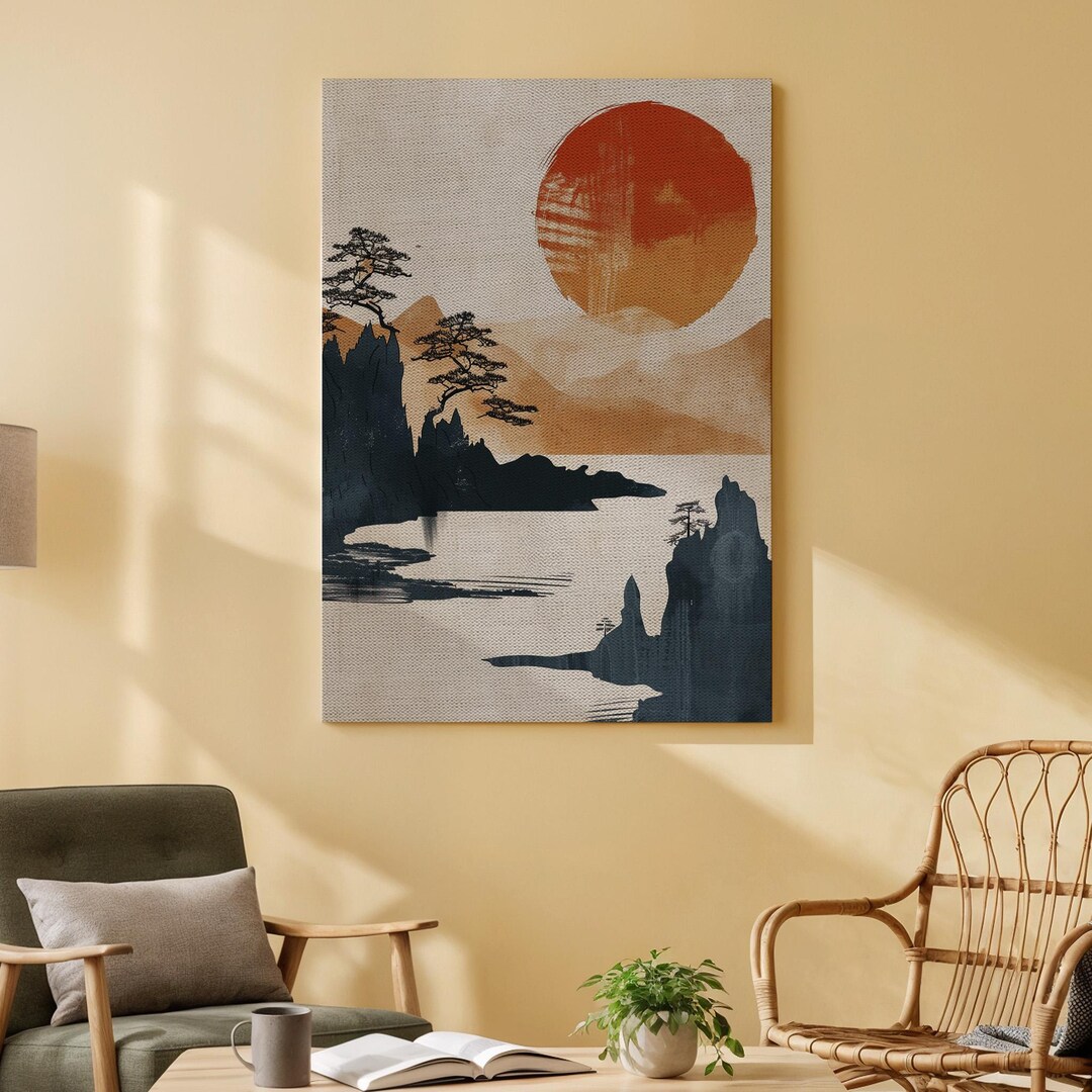 Japanese Landscape Canvas Art, Minimalist Mountain Wall Decor, Zen ...