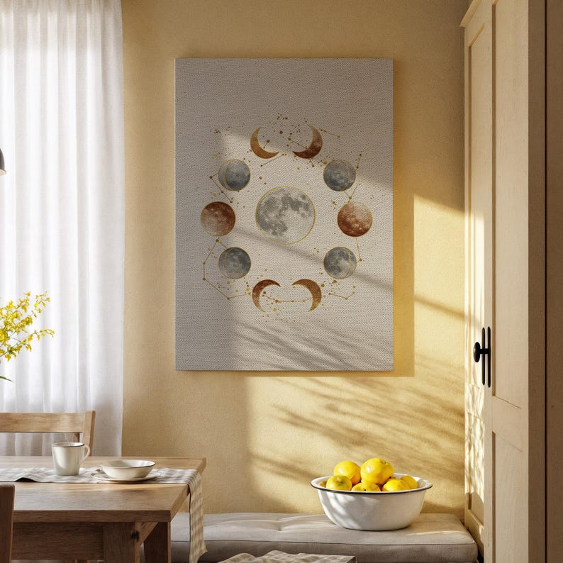 Moon Phases Canvas Wall Art, Celestial Lunar Cycle Painting Print ...
