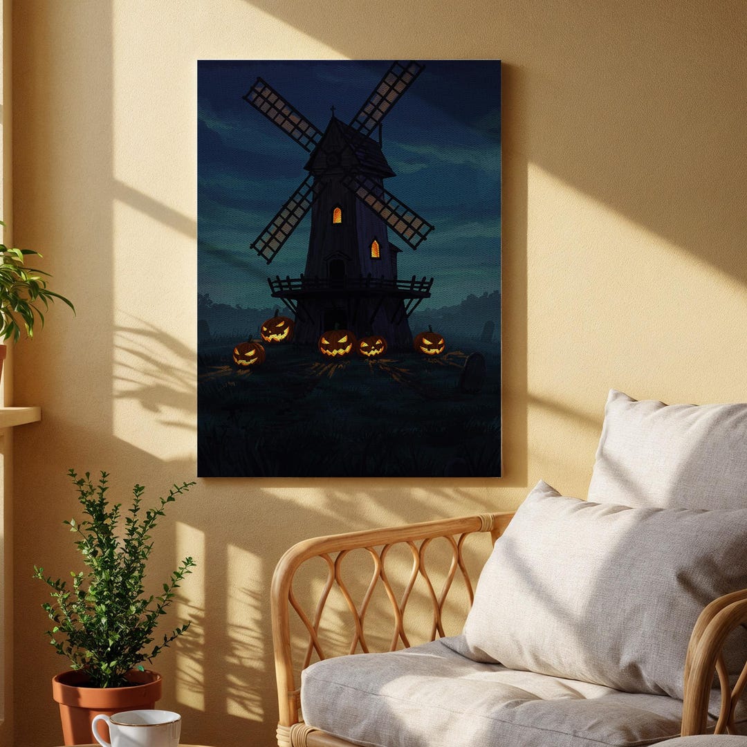 Spooky Windmill Haunted Windmill Halloween Canvas Art, Spooky Jack-oβ-lantern Night ...