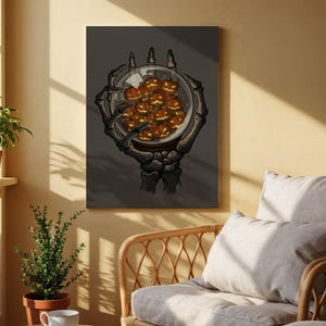 May include: A Halloween-themed illustration depicts a skeletal hand cradling a crystal ball filled with carved orange pumpkins. The artwork has a dark, moody aesthetic, perfect for spooky decor. The pumpkins have carved faces, and the background is a dark gray.