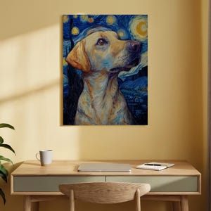 Starry Night Dog Canvas Wall Art, Van Gogh Inspired Pet Portrait Print, Artistic Labrador Canvas Artwork for Living Room or Dog Lovers