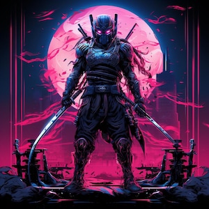 May include: A digital illustration of a ninja warrior in dark armor, holding two glowing katanas. The ninja stands before a large pink moon, with a cityscape in the background. The artwork features a vibrant color palette of pink, black, and blue.