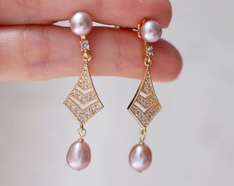 Pink Freshwater Pearl Earrings with Crystals, 14K Gold Filled, Romantic Bridal Jewelry, Minimalist Gift for Her