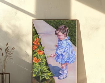 Impressão artística original de bebê com tulipas em aquarela, decoração sentimental para berçário e arte para sala de jogos infantil, impressão em aquarela para berçário, arte floral