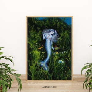 Original Whimsy Mermaid Acrylic Art Print, Mythical Ocean Wall Art, Underwater Seascape Painting, Mystical Nautical Mermaid Wall Art Print
