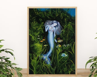 Original Whimsy Mermaid Acryl-Kunstdruck, Mythische Ozean-Wandkunst, Unterwasser-Meereslandschaft Gemälde, Mystische Nautische Meerjungfrau-Wandkunst
