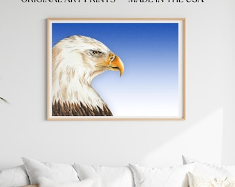 Bald Eagle Wall Art Print, Patriotic Bird Artwork, Bird Lover, Wildlife Fine Art Poster, Soaring Eagle Wall Art, Rustic Wildlife Aesthetic
