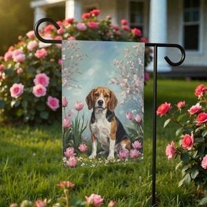 May include: A garden flag featuring a Beagle dog sitting among pink tulips and flowering branches. The dog has brown, black, and white markings. The background is a soft blue sky. The flag is displayed on a black metal stand.