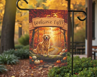 Bandeira de jardim com Golden Retriever para boas-vindas ao outono, banner para casinha de cachorro de outono