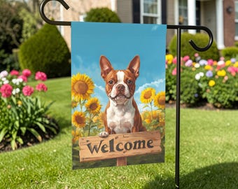 Sunflower Welcome Sign Red Boston Terrier Garden Flag