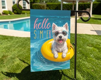 May include: A rectangular garden flag hanging on a black metal stand, featuring a white West Highland White Terrier wearing blue-rimmed sunglasses while floating in a bright yellow inner tube on blue water, with the text hello SUMMER in pink and yellow.