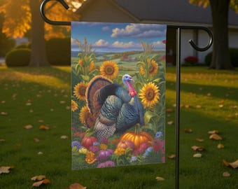 May include: A garden flag featuring a colorful illustration of a turkey amidst sunflowers, pumpkins, and wildflowers. The artwork depicts a vibrant autumn scene with a blue sky and a farmhouse in the background. The flag is displayed on a black metal stand.