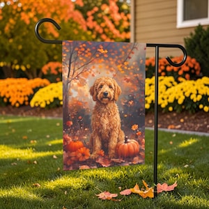 Fall Golden Doodle With Pumpkins Garden Flag