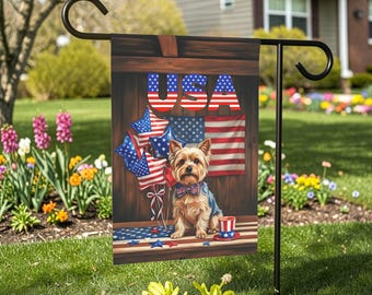 Bandeira de jardim patriótica americana com Yorkshire Terrier