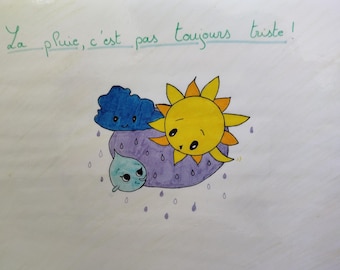 May include: A colorful drawing features a smiling sun, a blue cloud, and a raindrop, all with friendly faces. The text at the top reads "La pluie, c'est pas toujours triste!" in green cursive, suggesting a positive message about rain.
