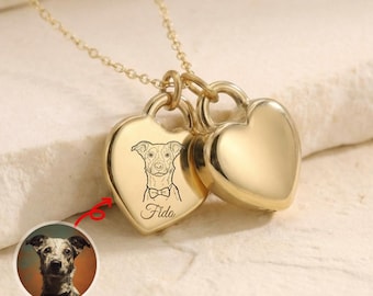 Personalized Pet Ash Necklace - 14K Gold Heart Cremation Pendant, Ash Holder, Engraved Portrait, Pet Loss Gift, Gift for Dog Mom