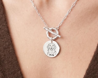 Custom Pet Portrait Necklace, Toggle Clasp Necklace, Dog Memorial Jewelry, Engrave Dog Portrait From Photo, Disc Pendant