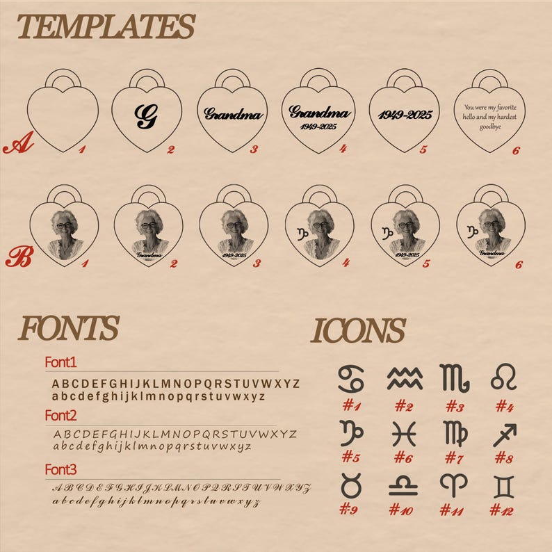 Pu&ograve; includere: Una guida alla personalizzazione con modelli di ciondoli a forma di cuore etichettati A e B, ciascuno con sei varianti. Include tre stili di carattere con lettere maiuscole e minuscole e dodici icone dello zodiaco numerate da 1 a 12.