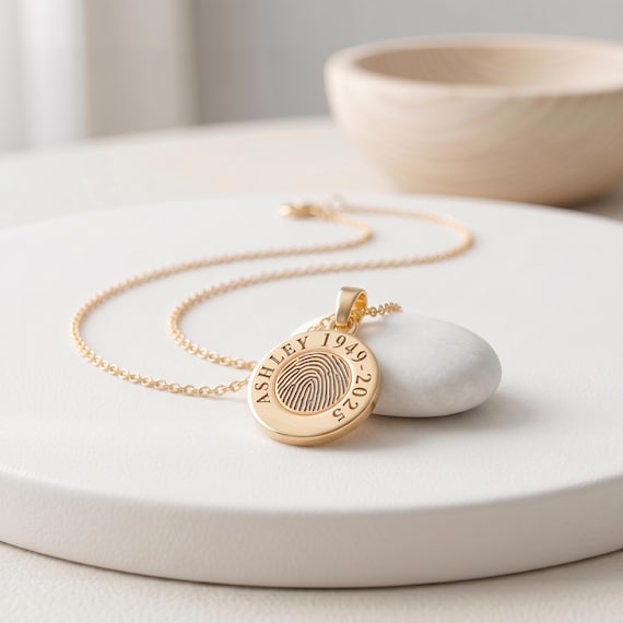 Personalized Disc Fingerprint Necklace, Engraved Name Charm, Memorial Jewelry, 14K Gold-Plated Keepsake, Bereavement Gift