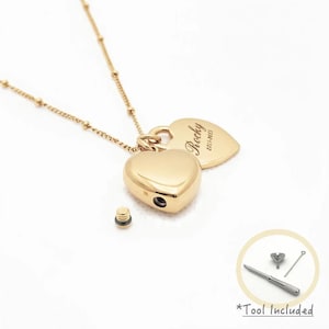 Pu&ograve; includere: Una collana color oro con un ciondolo a forma di cuore dotato di tappo a vite rimovibile, accompagnato da un ciondolo a cuore piatto inciso con il nome Rocky e le date 2011-2015. &Egrave; incluso un piccolo kit di attrezzi con imbuto e spillo.
