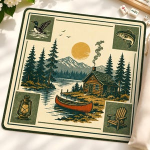Lakeside Retreat Mahjong Mat, Woodsy Forest Mahj Gift, Camping Non-Slip Table Protection Cover, SHIPS ROLLED