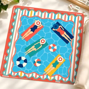 Retro Pool Mahjong Mat with Rules, Colorful Summer American Mahjong Game Mat, Swimmer and Pool Float Table Cover, SHIPS ROLLED
