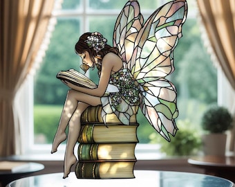Reading Fairy Suncatcher, Faux Stained Glass Window Hanging