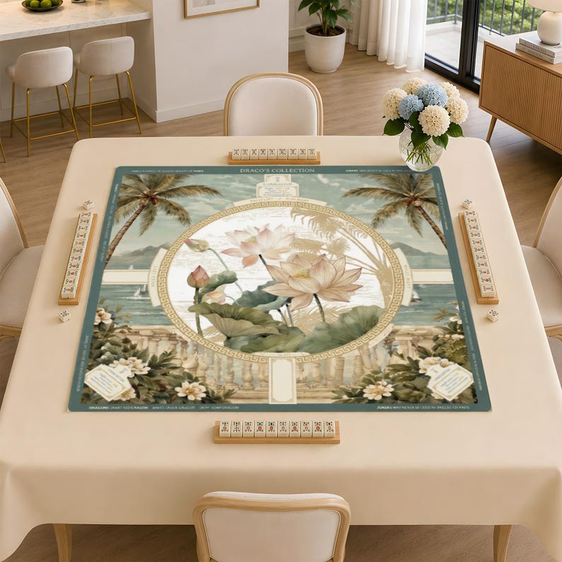 Puede incluir: Un tapete de mahjong cuadrado con un dise&ntilde;o circular central de flores de loto rosas y hojas verdes. El borde muestra palmeras, un paisaje costero y una balaustrada de piedra. El texto DRACO'S COLLECTION est&aacute; impreso en el borde superior.