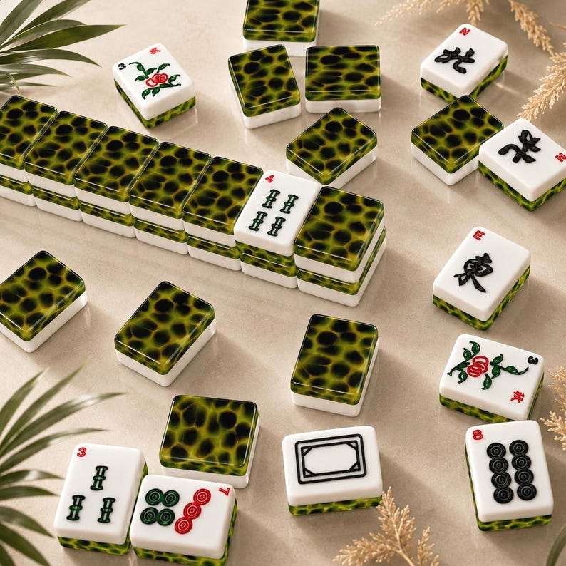 May include: A set of rectangular mahjong tiles featuring a white base and a green and black leopard print pattern on the back. The front faces display various traditional black and red ink symbols, including Chinese characters, numbers, and floral motifs.